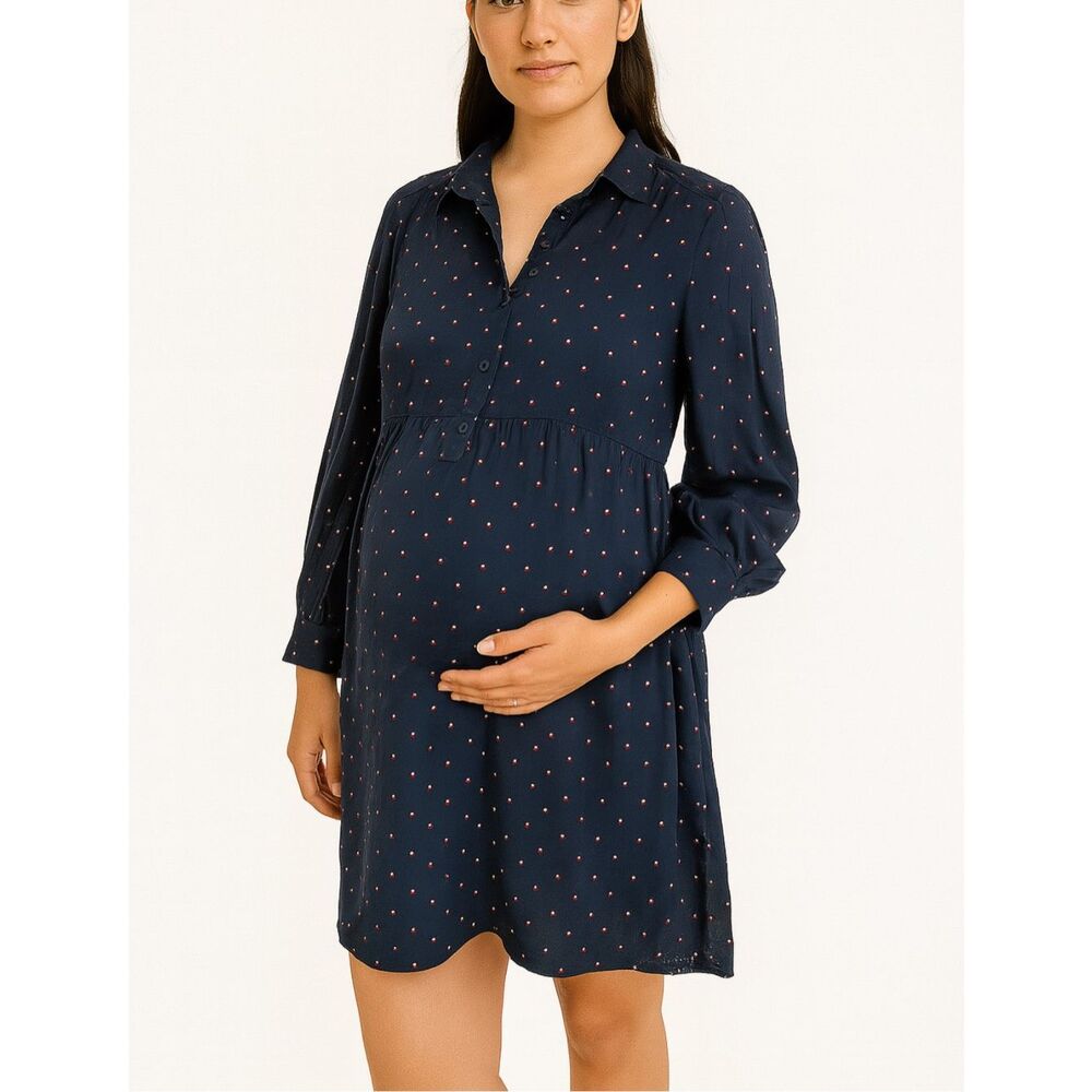HATCH Satin Long Sleeve Polka Dot Navy Blue Maternity Shirt Dress Sz Small